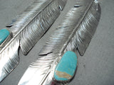 Longest 4' Long Native American Navajo Royston Turquoise Sterling Silver Feather Earrings-Nativo Arts