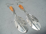 Dazzling Native American Navajo Spiny Oyster Shell Sterling Silver Feather Earrings-Nativo Arts