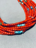 Rare Coral Heishi Native American Navajo Turquoise Sterling Silver Necklace-Nativo Arts