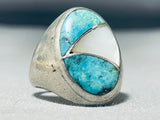 Heavy Vintage Native American Navajo Pilot Mountain Turquoise & Mop Sterling Silver Ring-Nativo Arts