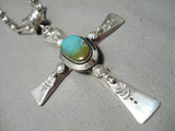 Heavy Cross Native American Navajo Royston Turquoise Sterling Silver Necklace-Nativo Arts