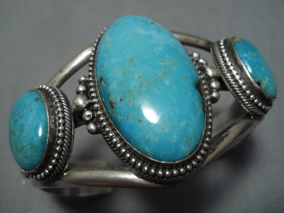 Very Rare Earth Blue Turquoise Vintage Native American Navajo Sterling Silver Bracelet Old-Nativo Arts