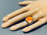 Spectacular Native American Navajo Orange Spiny Oyster Sterling Silver Heart Ring Signed-Nativo Arts