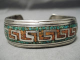 Thick Vintage Native American Navajo Turquoise Coral Sterling Silver Bracelet Old Cuff-Nativo Arts