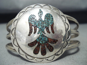 Stunning Vintage Native American Navajo Turquoise Coral Chip Inlay Sterling Silver Bracelet-Nativo Arts