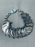 Native American Very Rare Silver Coin Turquoise Inlay Sterling Silver Link Bracelet-Nativo Arts