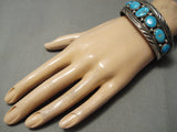 Rare Wide Wave Stamp Vintage Native American Navajo Blue Turquoise Sterling Silver Bracelet Old-Nativo Arts