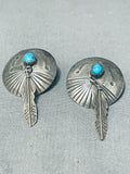 Detailed Vintage Native American Navajo Turquoise Sterling Silver Feather Earrings-Nativo Arts