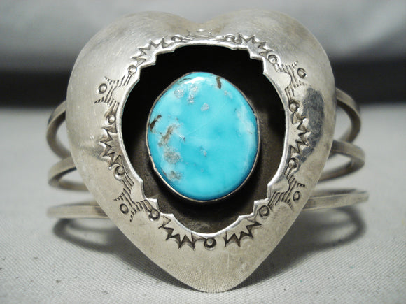 Rare Turquoise Heart Vintage Native American Navajo Sterling Silver Bracelet Old-Nativo Arts