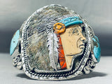Native American One Of Most Intricate Ever Turquoise Hand Carved Chief Sterling Silver Bracelet-Nativo Arts