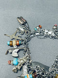 Native American One Of Most Intricate Vintage Navajo Turquoise Charm Sterling Silver Bracelet-Nativo Arts
