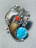 Huge Native American Navajo Turquoise Coral Sterling Silver Bear Ring-Nativo Arts