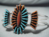 Important Native American Zuni Turquoise Coral Needlepoint Sterling Silver Bracelet-Nativo Arts