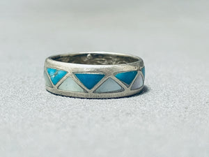 Triangular Turquoise Inlay Vintage Native American Zuni Sterling Silver Ring-Nativo Arts