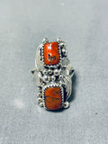 Remarkable Native American Navajo Coral Sterling Silver Ring-Nativo Arts