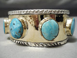 Rare Navajo 14k Gold Native American Sterling Silver Thick Turquoise Bracelet-Nativo Arts