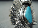 Marvelous Native American Navajo Signed Kingman Turquoise Sterling Silver Kachina Ring-Nativo Arts