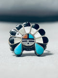 Rare Vintage Signed Native American Zuni Inlay Blue Gem Turquoise Sunface Sterling Silver Ring-Nativo Arts