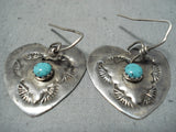 Unique Vintage Native American Navajo Turquoise Sterling Silver Heart Earrings Old-Nativo Arts