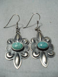 Hand Repoussed Vintage Native American Navajo Sterling Silver Green Turquoise Earrings-Nativo Arts