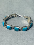 One Of A Kind Native American Navajo Blue Gem Turquoise Squares Sterling Silver Link Bracelet-Nativo Arts
