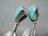 Spectacular Native American Navajo Kingman Turquoise Sterling Silver Feather Earrings-Nativo Arts