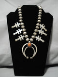 Museum Quality Vintage Native American Navajo Coral Sterling Silver Squash Blossom Necklace Old-Nativo Arts