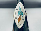 Singer Vintage Native American Navajo Turquoise Coral Sterling Silver Inlay Ring Old-Nativo Arts