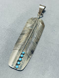Rare Longer Vintage Native American Navajo Intricate Sterling Silver Feather Turquoise Pendant-Nativo Arts