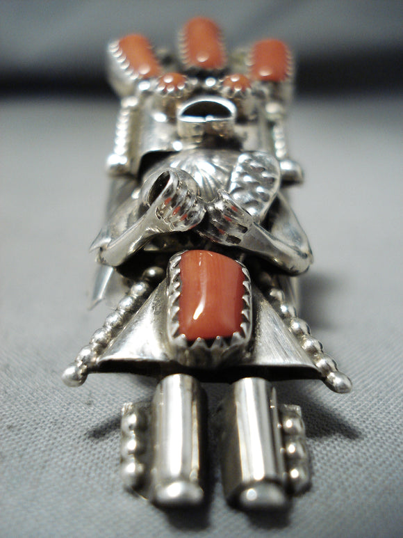 Phenomenal Native American Navajo Coral Sterling Silver Kachina Ring-Nativo Arts