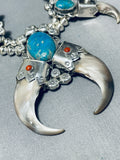 Important Huge Bear Navajo Turquoise Sterling Silver Squash Blossom Necklace-Nativo Arts