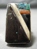 Unique Men's Vintage Native American Navajo Turquoise Coral Ironwood Sterling Silver Ring Old-Nativo Arts