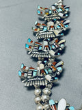 Native American Rare Vintage Navajo Inlay Turquoise Sterling Silver Squash Blossom Necklace-Nativo Arts