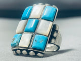 Huge Vintage Native American Navajo Turquoise Pearl Sterling Silver Inlay Heavy Ring-Nativo Arts