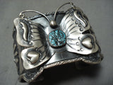 Detailed Huge Native American Navajo Butterfly Turquoise Sterling Silver Bracelet-Nativo Arts