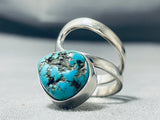 Unique Native American Navajo Kingman Turquoise Sterling Silver Ring Signed Del Secatero-Nativo Arts