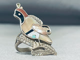 Superb Vintage Native American Zuni Inlay Mother Of Pearl Quail Sterling Silver Ring-Nativo Arts