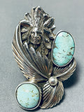 Outstanding Native American Navajo Kingman Turquoise Sterling Silver Chief Ring-Nativo Arts