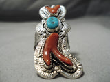 Best Towering Huge Native American Navajo Coral Sterling Silver Turquoise Ring-Nativo Arts