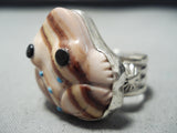 Huge Detailed Native American Navajo Turquoise Agate Toad Sterling Silver Ring-Nativo Arts