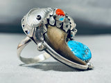 Huge Native American Navajo Turquoise Coral Sterling Silver Bear Ring-Nativo Arts