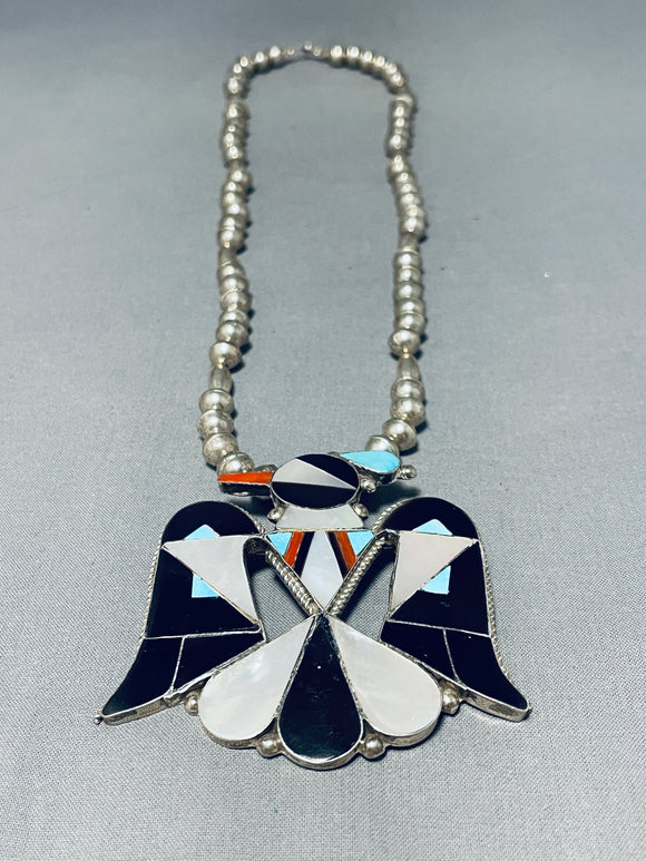 Substantial Vintage Native American Zuni Turquoise Coral Sterling Silver Bird Necklace-Nativo Arts