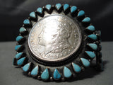 Striking Huge Vintage Native American Navajo Coin Sterling Silver Turquoise Bracelet Old-Nativo Arts