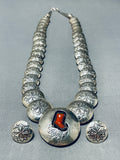 Chunky Coral Native American Navajo Sterling Silver Button Stamped Necklace Earrings-Nativo Arts