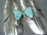 4 Inch Native American Navajo Old Kingman Turquoise Sterling Silver Large Feather Earrings-Nativo Arts