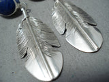Impressive Navajo Lapis Sterling Silver Feather Earrings Native American-Nativo Arts
