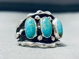 Remarkable Native American Navajo 3 Blue Gem Turquoise Sterling Silver Ring-Nativo Arts