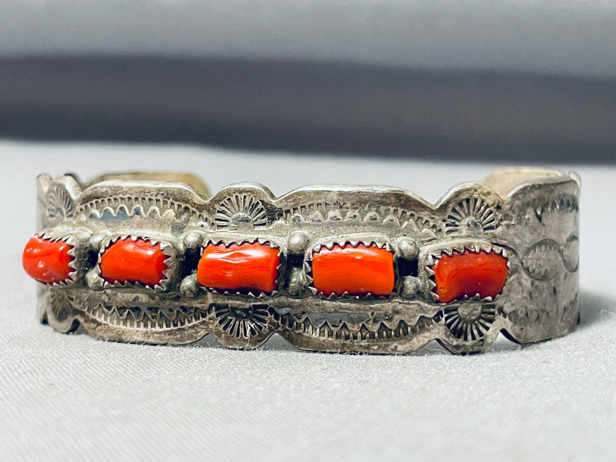Brilliant Vintage Native American Navajo 5 Coral Sterling Silver Brace ...