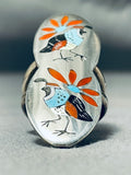 Extreme Intricacy Native American Zuni Turquoise Coral Sterling Silver Bird Ring-Nativo Arts
