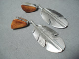 Outstanding Native American Navajo Spiny Oyster Shell Sterling Silver Feather Earrings-Nativo Arts